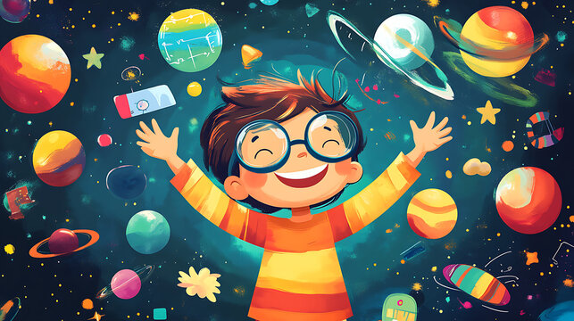 Playful clip art of a happy child exploring science and math concepts in a vibrant, imaginative background 
