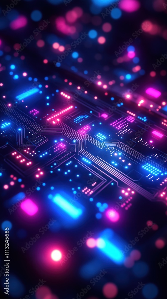 Poster abstract tech background with glowing circuit patterns, vibrant neon lights. dynamic digital design.