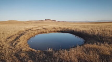 Serene Reflection in Calm Pond Surrounded by Golden Grassland