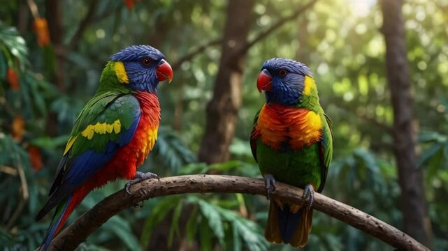 Bird Animation. Rainbow lorikeets joyfully playing in the trees, their lively movements and bright colors creating a vivid scene. Energetic motion.