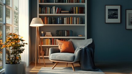 Fototapeta premium Cozy Reading Nook with Modern Chair and Bookshelf in Sunlight