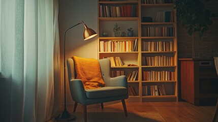 Cozy Reading Corner with Warm Lighting and Bookshelf Display