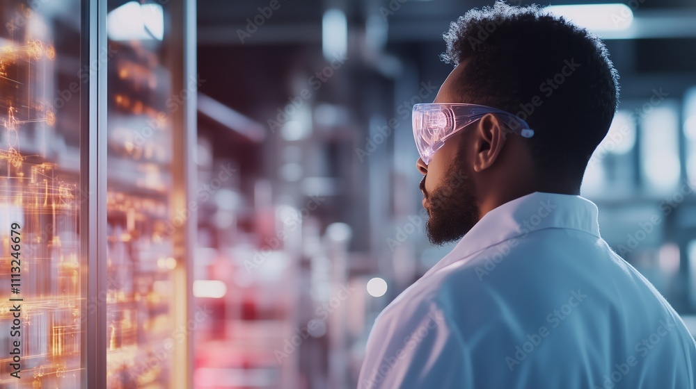 Poster scientist analyzes data on advanced technology in a laboratory setting during the day