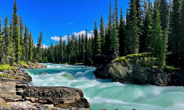 White Water Rapids Through Pine Forest