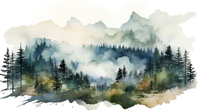 Watercolor foggy forest landscape illustration. Wild nature in wintertime.  HD 8K wallpaper Stock Photographic Image