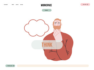 Thinking people, modern flat vector concept illustration- man standing thoughtfully, looking forward, bubble near his head Metaphor for reflection, analysis, introspection, contemplation, deep thought