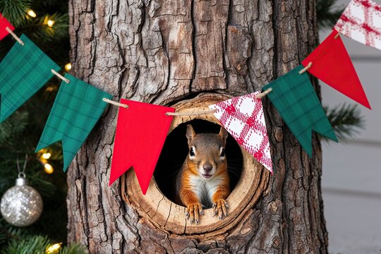 Cute Squirrel Peeking Through a Hole in a Tree Trunk for a Festive Banner Decor