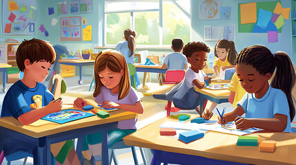 Playful illustration of kids doing math and art projects together in an elementary classroom 