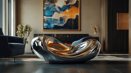 A modern, reflective sculpture in a stylish interior setting with a cozy fireplace.