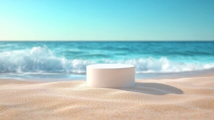 Tropical Beach Podium Presentation Mockup for Summer Exhibition on Sandy Shore with Turquoise Sea and Clear Blue Sky