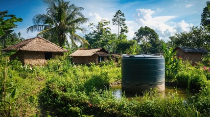 Naklejka premium Rural Village Scene with Water Tank Surrounded by Lush Greenery