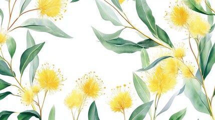 A floral design featuring yellow flowers and green leaves on a white background.