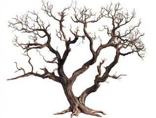 Fototapeta premium Gnarled leafless tree with twisted branches isolated on a clean white background.
