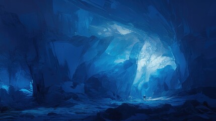 Fototapeta premium Glowing blue ice cave interior, mysterious fantasy landscape.