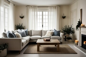 Cozy living room with sectional sofa, coffee table, fireplace, and natural light.