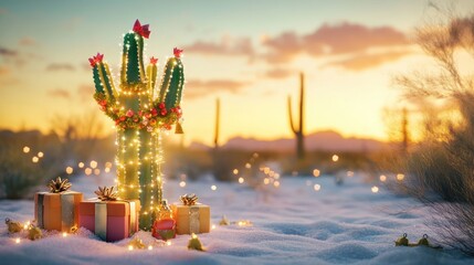 A festive cactus adorned with lights and gifts in a snowy desert landscape at sunset.