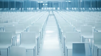Empty airport seats, rows of white chairs in the modern terminal, with two dark-uniformed captains approaching each other, shallow depth of field focused on the chairs, obscurating the background and 