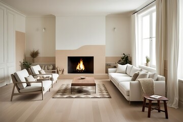 Fototapeta premium Minimalist living room with fireplace, light beige walls, and wooden floors.