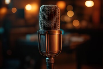 Vintage microphone in music studio. Warm lighting highlights retro mic. Studio ambiance blurred...