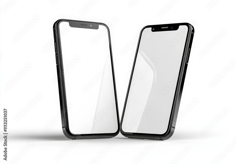 Poster modern smartphones floating on white background minimalistic design thin metallic frames large blank