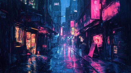 Obraz premium Rainy Night in Neon City: A Digital Painting of Urban Streets