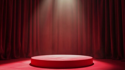 Red stage 3D empty podium with spotlight highlighting an award ceremony preparation in a theater setting