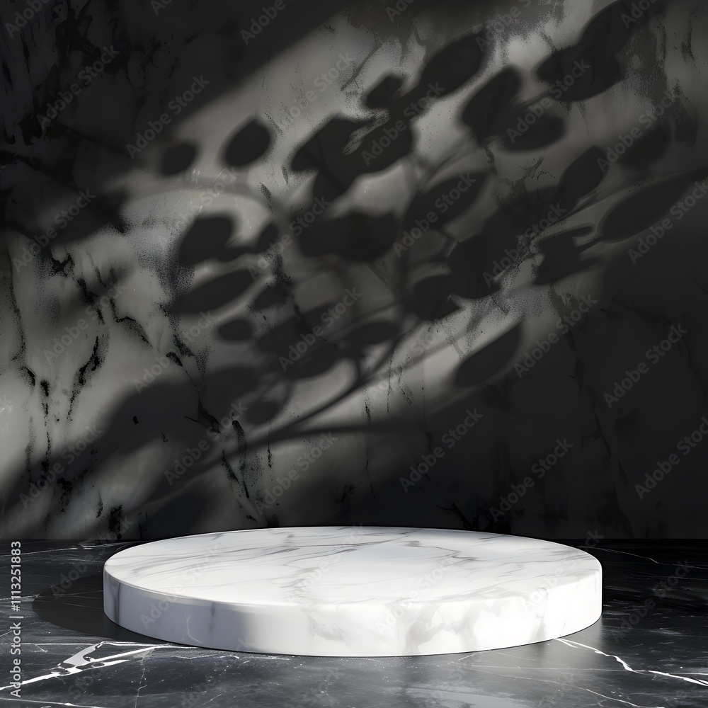 Poster a circular marble platform with shadows cast on a dark marble background.