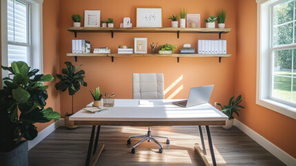 Modern Home Office with Peach Colored Walls