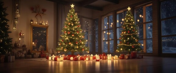 Luminous Christmas tree with glowing ornaments and lanterns , Peaceful Scene, Lanterns