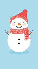 Illustration of a cartoon snowman wearing a hat at Christmas
