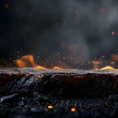 A close-up of molten lava with glowing embers against a dark, smoky background.