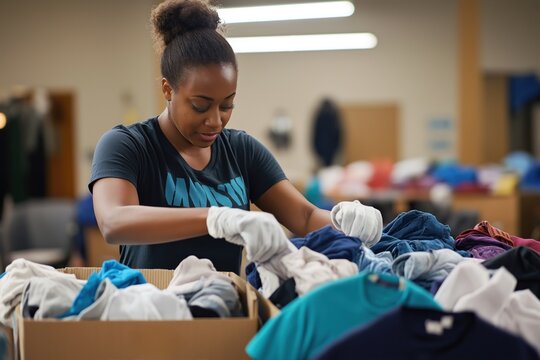 Woman sorts clothes in cardboard boxes. Volunteer works in donation center. Wears black shirt, white gloves. Many clothes in boxes. Charitable work. People donate clothing. Woman organizes clothing