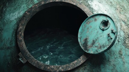 Industrial Access Hatch with Water in Old Rusty Tank Enclosure