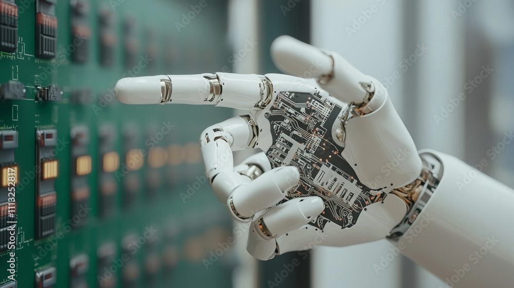 Poster robotic hand interacting with circuit board: a close-up shot of a robotic hand interacting with a ci