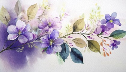 Delicate watercolor painting of purple flowers and leaves.