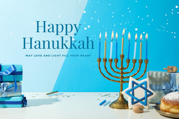 Hanukkah celebration, Hanukkah candles with gifts