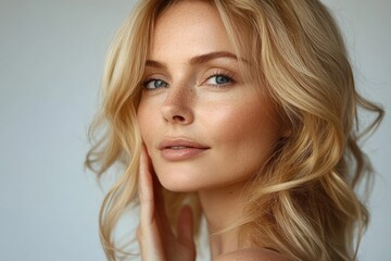 Fototapeta premium Mature Woman with Gorgeous Wavy Blonde Hair in Natural Light Close Up Portrait with Healthy Skin and Elegant Expression