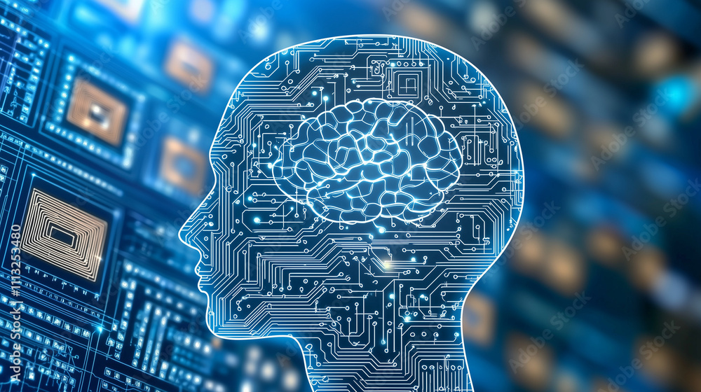 Poster the digital mind: a captivating abstract image of a human head overlaid with intricate circuit board