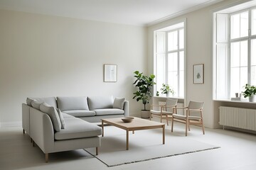 Light, airy living room with sectional sofa, armchairs, coffee table, and large windows.