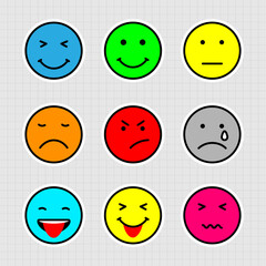 Set of emoticon with 9 variations of expression. Colorized concept. Vector illustration.