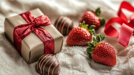 Gift box with red ribbon surrounded by chocolate-covered strawberries on a textured surface