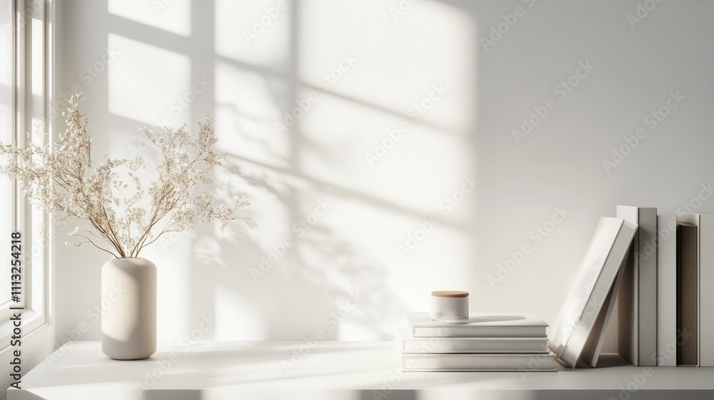 Poster loft mock up white table and books, minimal stuff on desk. copy space for product display montage. s