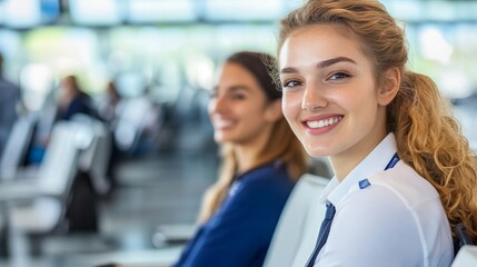 Fototapeta premium Empty airport seats, rows of white chairs in the modern terminal, among them three stewardesses smiling and talking to the camera, shallow depth of field focused on the chairs, blurring the backgrou