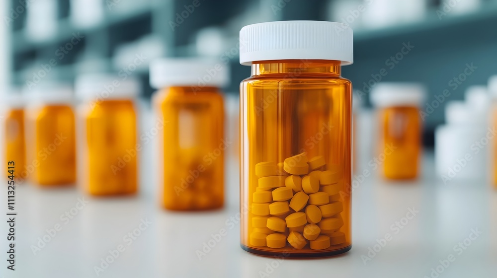 Poster close up image showcasing various prescription pill bottles and medication containers with warning l