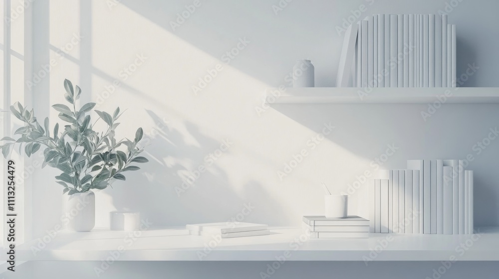 Poster loft mock up white table and books, minimal stuff on desk. copy space for product display montage. s