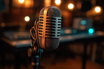 Vintage microphone in music studio. Warm lighting highlights retro style. Pro audio equipment....