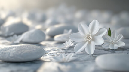 Fototapeta premium Blossoming Serenity: White Florals on Pristine Stone Ground Illuminating Natural Purity and Elegance in an Ethereal Visual Harmony