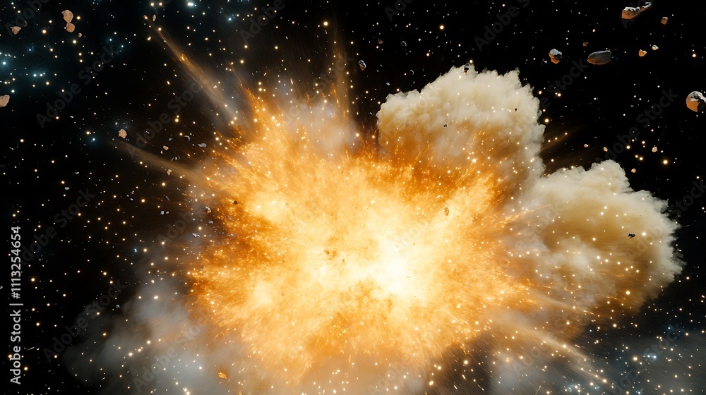 Poster explosive cosmic event creating debris in space with earth in the background