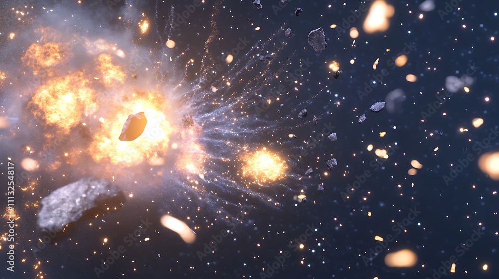 Poster explosive cosmic event creating debris in space with earth in the background