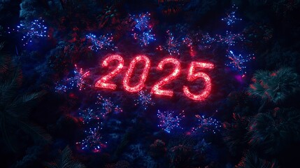 Embracing 2025 spelled out by a trail of bioluminescent sky lanterns rising into the starry night, with fireworks in the background.